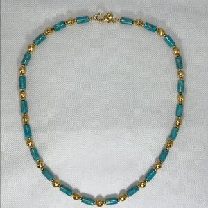 Genuine Turquoise Hammered Gold Plated Bronze Bead Necklace By Bellezza